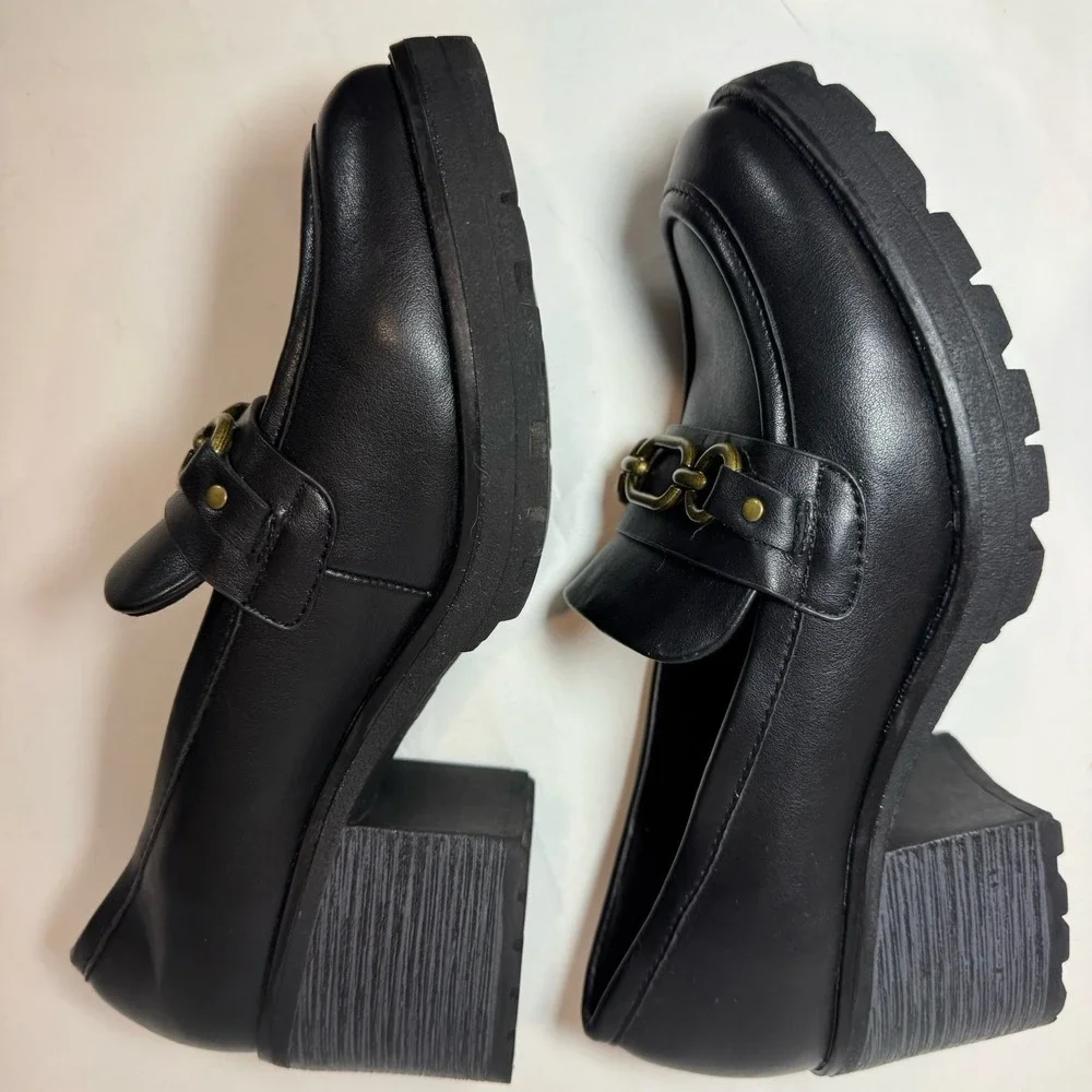 Cliffs by White Mountain Y2K Black Chunky Loafers Sz 7 Slip On Chain Detail